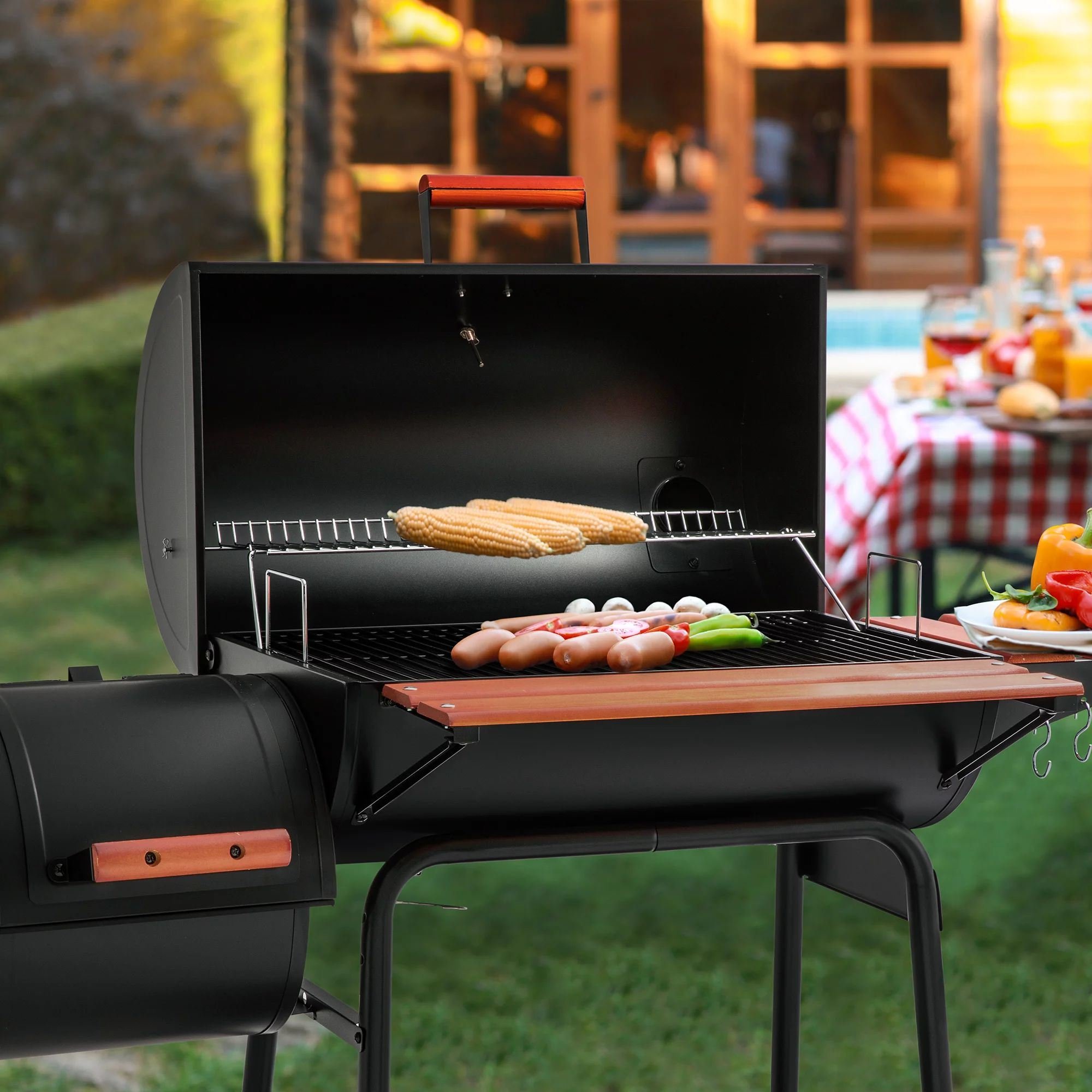Barrel Charcoal Grill in Black with Offset Smoker, 811 sq. in. Cooking Space, Wood-Painted Side Table Barrel Charcoal Grill in Black with Offset Smoker, 811 sq. in. Cooking Space, Wood-Painted Side Table
