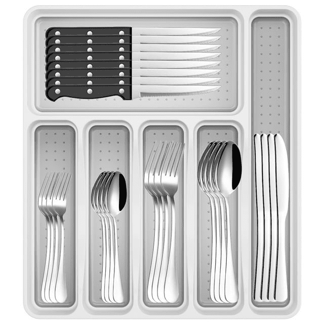 49-Piece Silverware Set with Flatware Drawer Organizer, Durable Stainless Steel Cutlery Set for 8 49-Piece Silverware Set with Flatware Drawer Organizer, Durable Stainless Steel Cutlery Set for 8